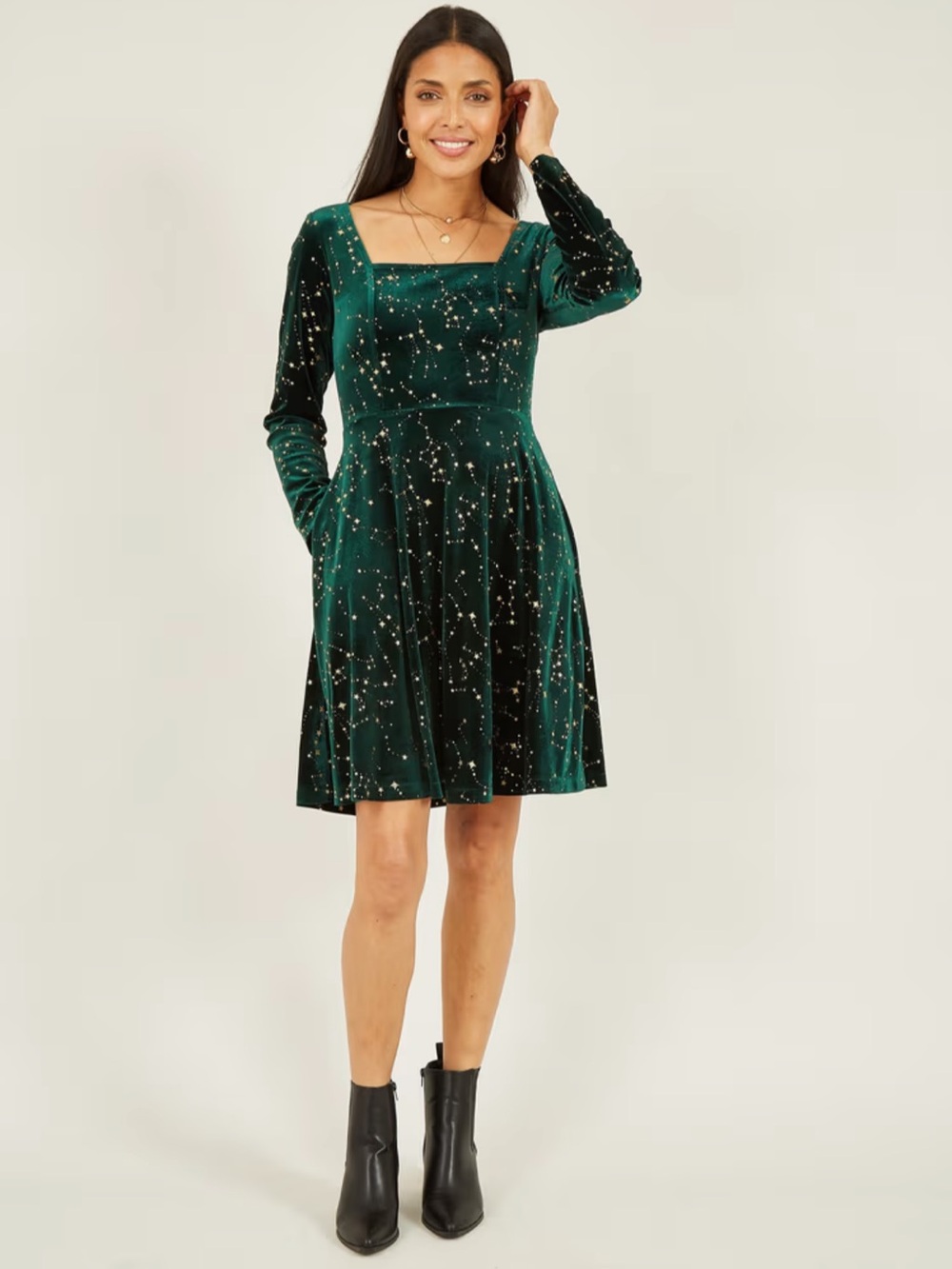 Allegra K Green Velvet Metallic Star Galaxy Long Sleeve Dress Size L